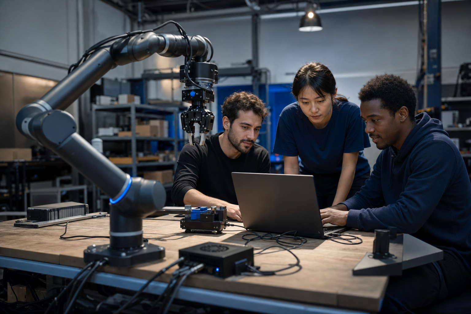 A small robotics team (3 people, mixed roles) gathered around a workbench with a 6-DOF manipulator arm mid-motion, a laptop with terminal output, a Jetson dev kit on the bench, cables routed loosely. Industrial-warehouse lighting, not a sterile resea