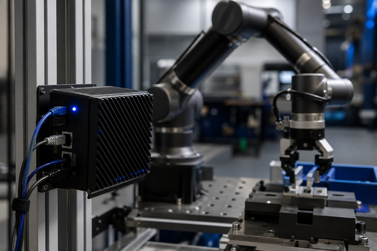 A Kinematics Mini (Jetson Orin Nano-class compact box) mounted near a manipulator arm in an industrial cell, Ethernet and power cables visible, status LEDs lit, with the manipulator arm in the background mid-cycle. Mid-shot, slight depth of field.