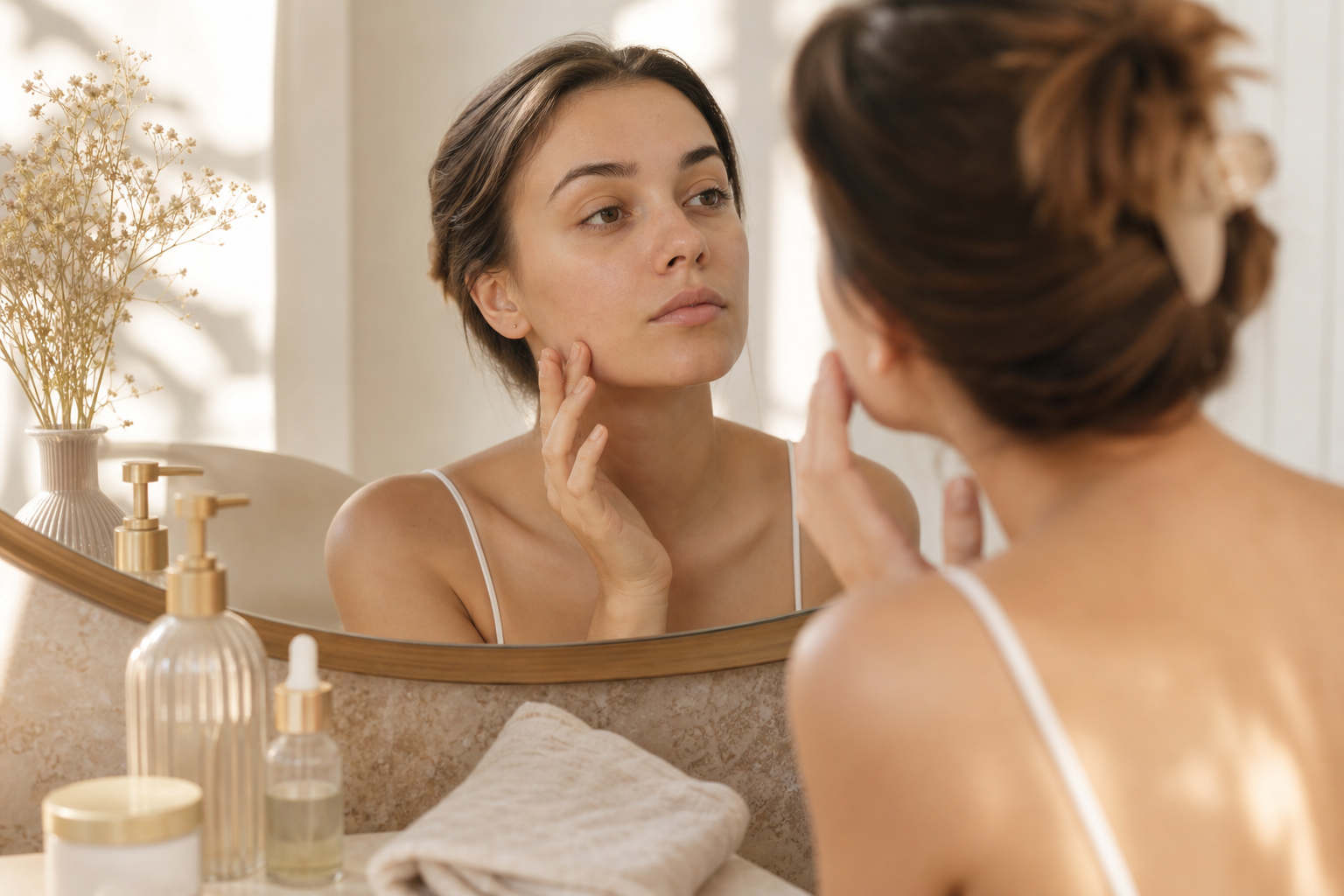 Soft, naturally lit close-up of a woman's face in a bathroom mirror, no makeup, examining her skin with thoughtful expression. Warm tone, sunlight from the side.