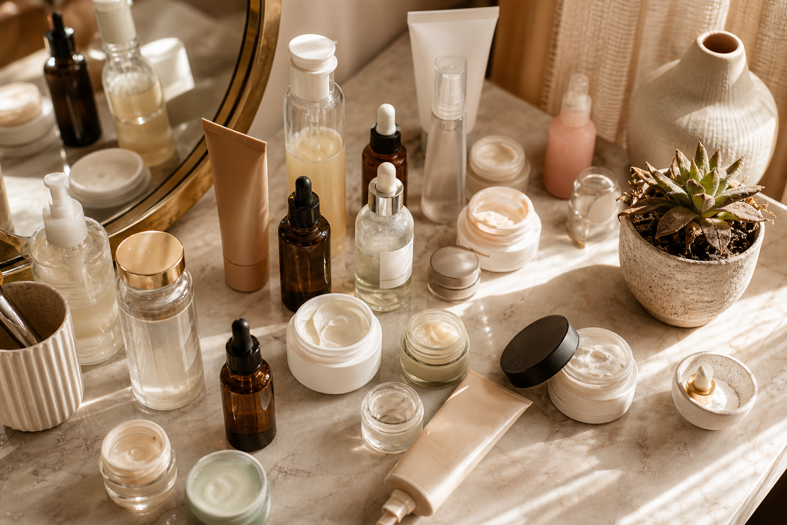 Overhead flat-lay of a cluttered vanity — 15+ skincare products, half-used jars, mismatched bottles, a single dying succulent. Warm, slightly soft focus.