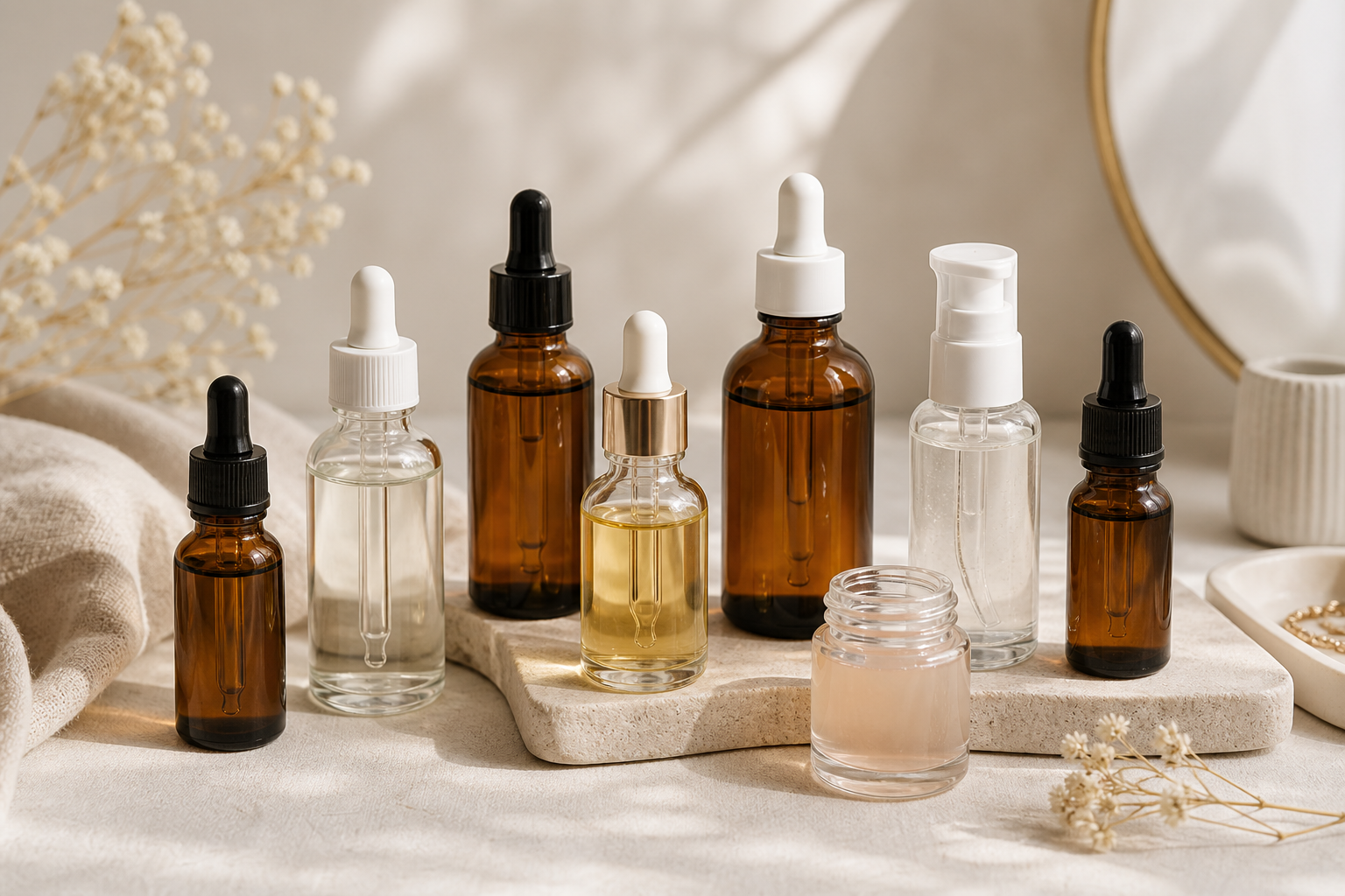 Clean editorial flat-lay of 6-8 amber and clear glass serum bottles on a soft neutral surface (linen or stone), each unlabeled but visually distinct. Soft natural light.