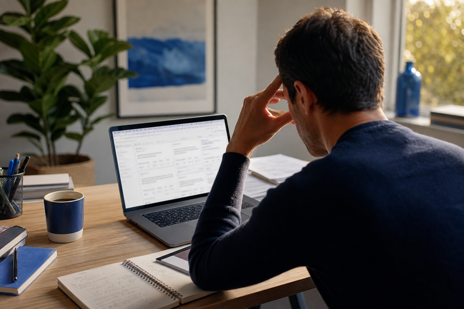 A small-business founder at a cluttered desk, laptop open showing a browser with many tabs, mug of coffee, late-afternoon light through a window — shot slightly over the shoulder so the screen glow is visible but text isn't readable. Conveys decision