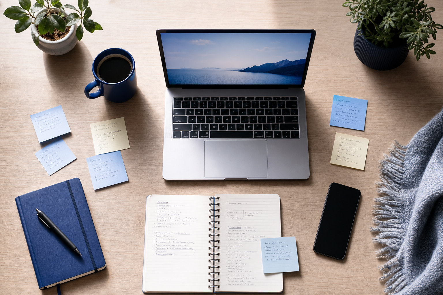 Flat-lay of a small-business workspace from directly above — laptop, coffee mug, scattered sticky notes with handwritten keyword ideas, phone, notebook. Signals the solo-founder reality.