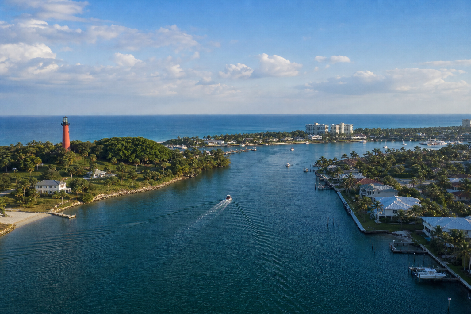 Wide aerial or elevated shot of the Jupiter Inlet with the red Jupiter Lighthouse, the inlet waterway, and waterfront homes flanking the channel — bright daylight, blue water, conveys coastal Florida money town at a glance.