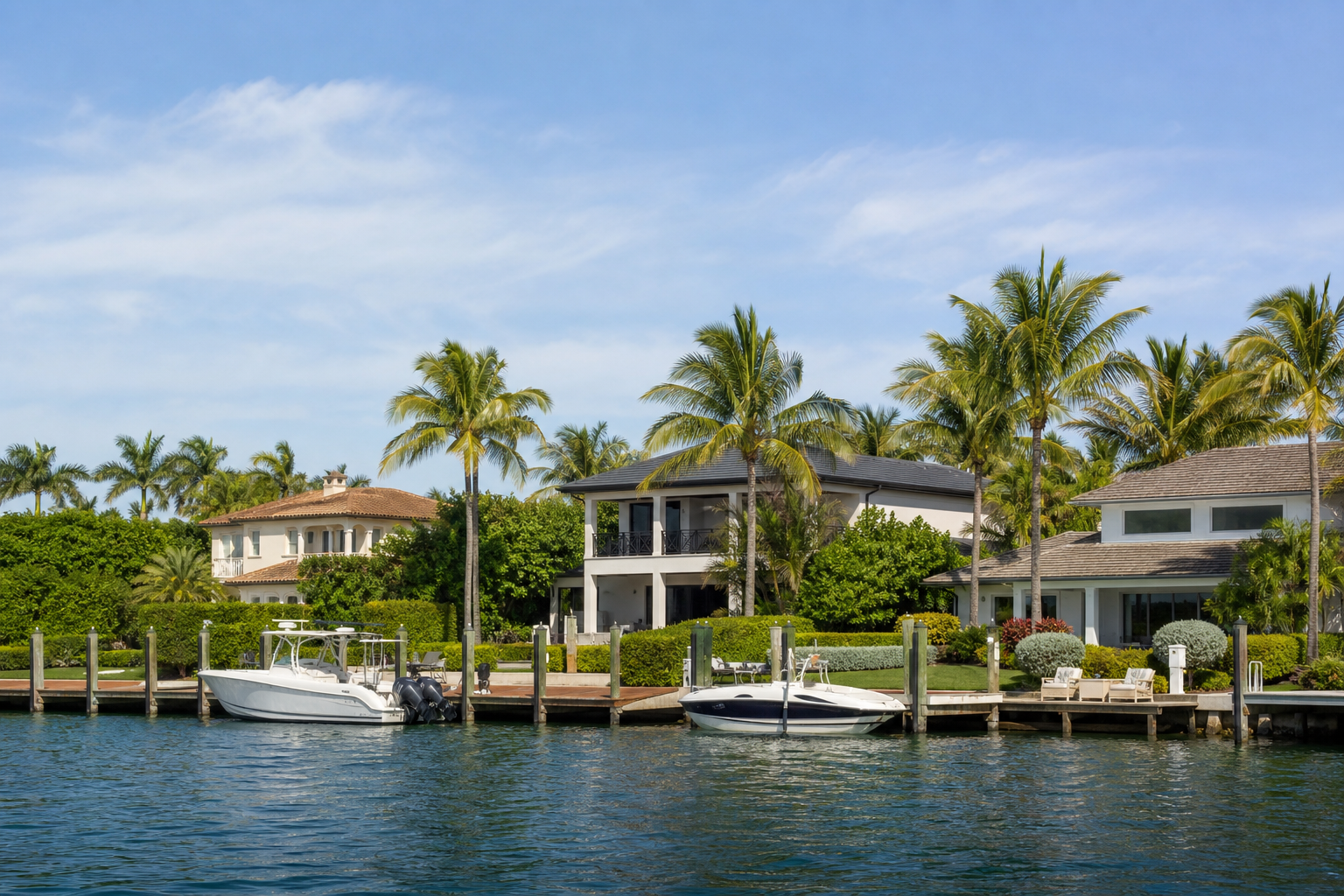 Waterfront residential street scene in the Jupiter Inlet / beach corridor — single-family homes with private docks, boats moored, palms — angle from the water looking toward homes, midday.