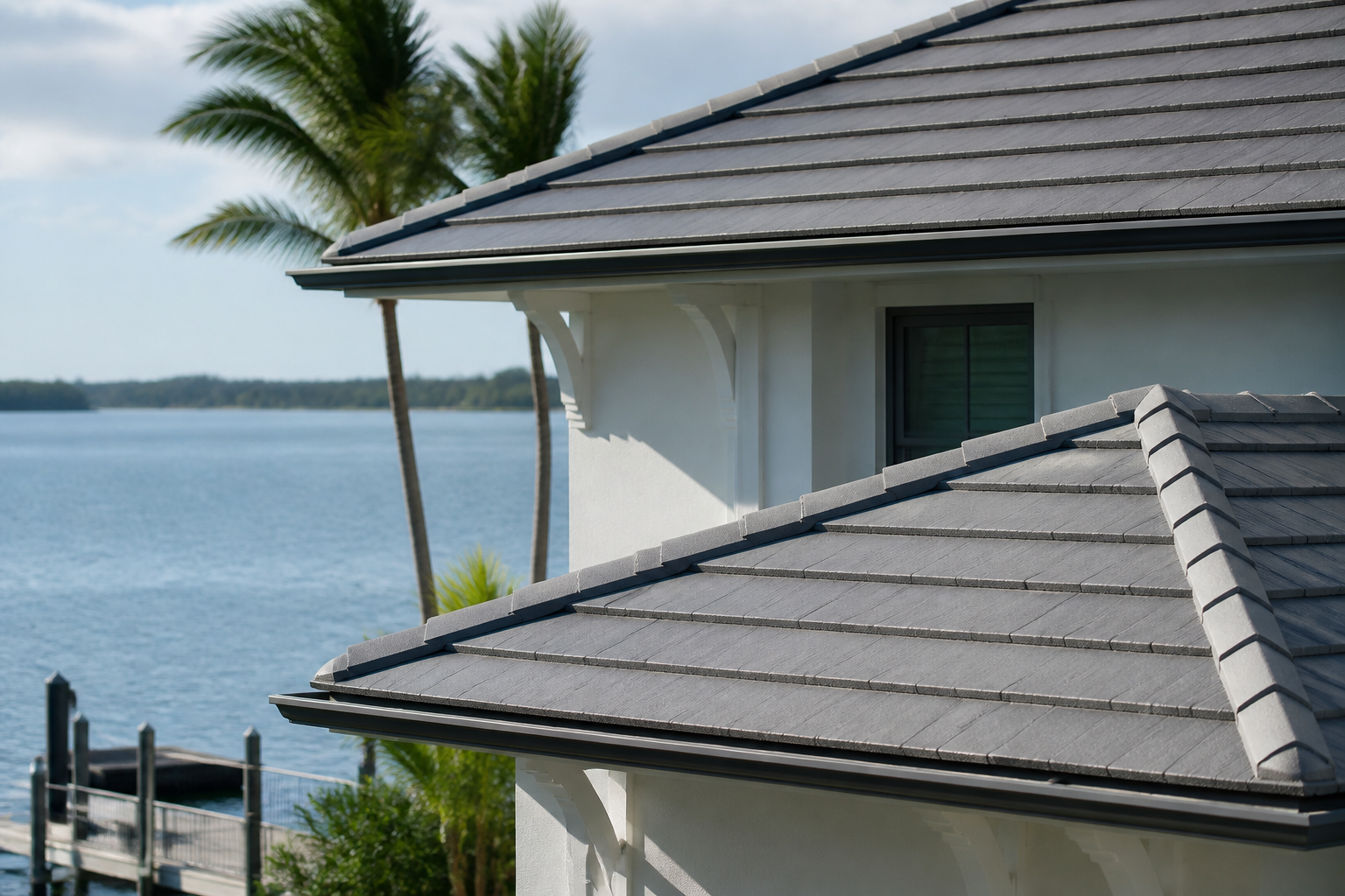 Close detail of a coastal home's roofline and exterior — newer tile or metal roof, hurricane-rated, with a glimpse of a dock or seawall in frame — illustrates an inspection focal point.