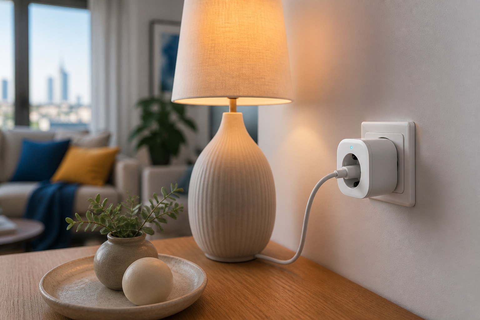 A smart plug seated in a Schuko/Type-F wall socket with a warm table lamp plugged into it, clean modern Warsaw apartment interior softly blurred in the background, shot at a slight angle, daylight
