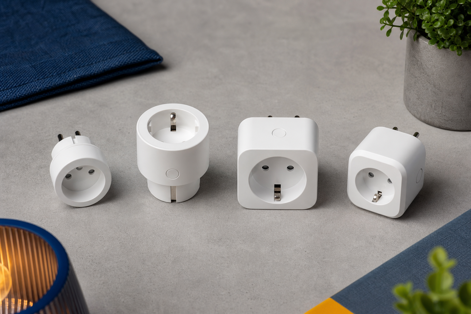 Flat-lay on a neutral grey surface of four distinct smart plug types side by side — a compact Zigbee plug, a chunkier Z-Wave plug, a generic flashable Wi-Fi plug, and a Matter/Thread plug — each subtly labelled, top-down studio lighting