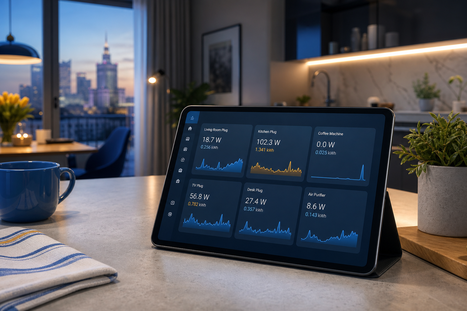 A tablet propped on a kitchen counter displaying a Home Assistant dashboard with live power-metering tiles for several plugs (watts/kWh), Warsaw apartment kitchen softly out of focus behind