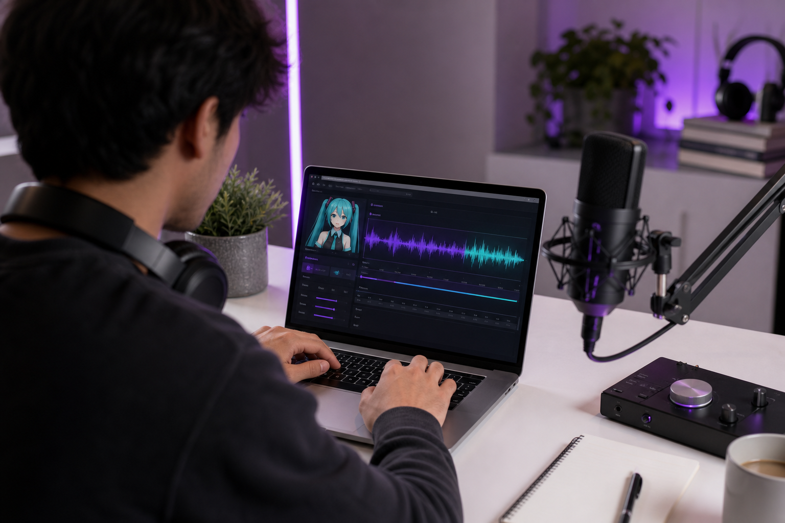 A music creator at a clean desk setup — laptop displaying a voice generation interface with a waveform, studio headphones around their neck, a condenser mic on a boom arm in soft focus, glowing screen, modern home-studio aesthetic, slightly elevated 