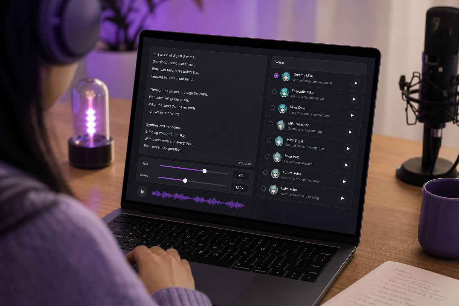 A close screen capture / over-shoulder shot of an AI voice generation interface mid-workflow — text input field filled with lyrics on the left, a voice-selection panel with names and play buttons on the right, a pitch/speed slider visible.