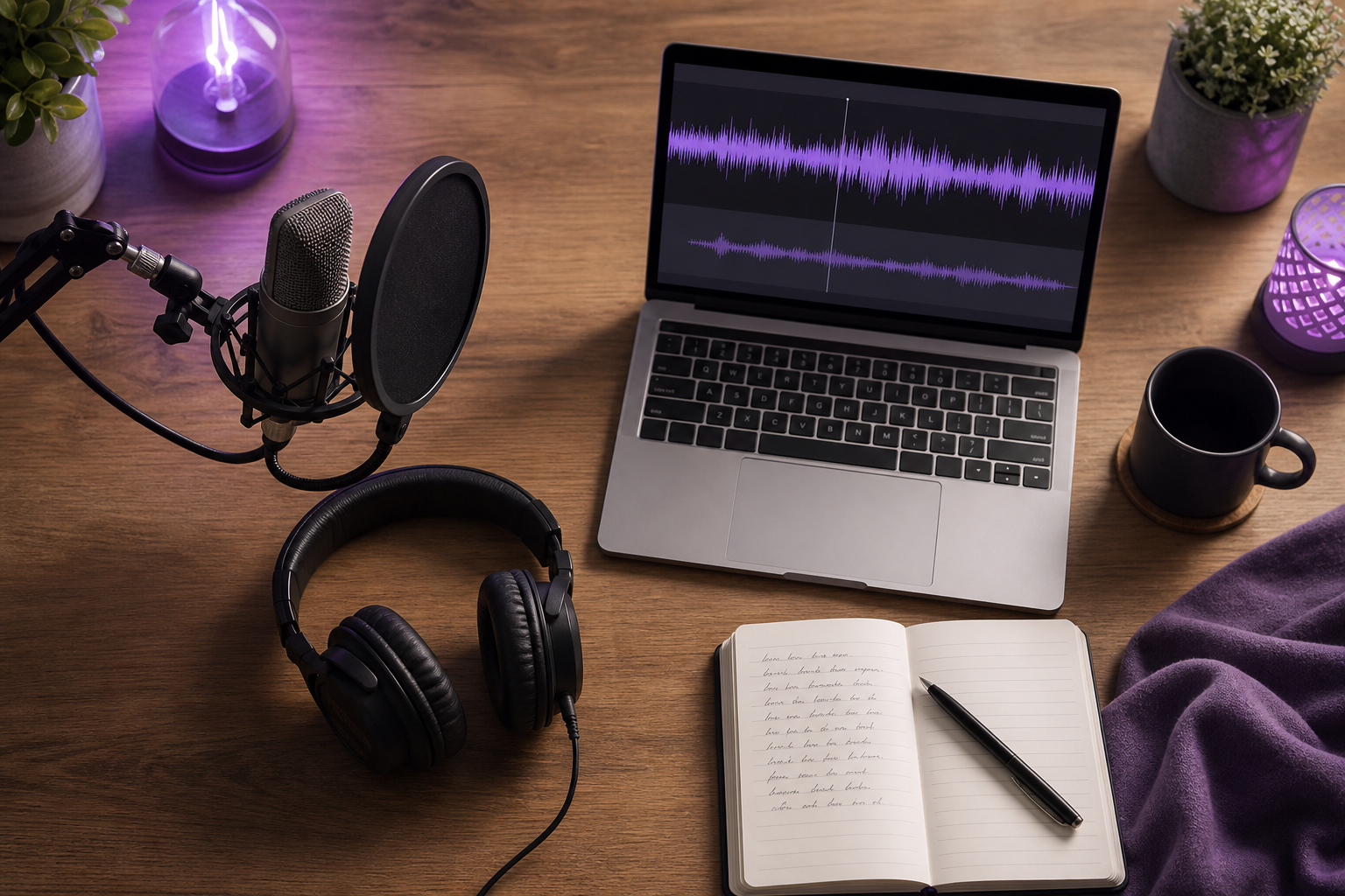 Flat-lay of a creator's recording setup from above — a condenser microphone with pop filter, closed-back headphones, a laptop showing a clean audio waveform, a notebook with lyrics, on a wooden desk.