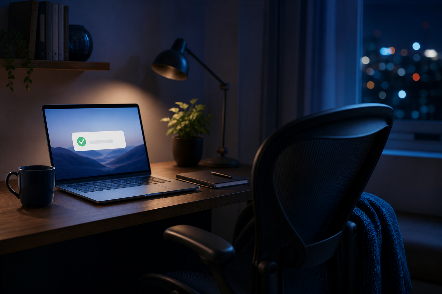 A dim home-office desk at night, single laptop glowing, showing a "Published ✓" article notification on screen, an empty desk chair turned slightly away, a cold coffee mug. Shot at a low 3/4 angle to emphasize the empty chair — visual metap