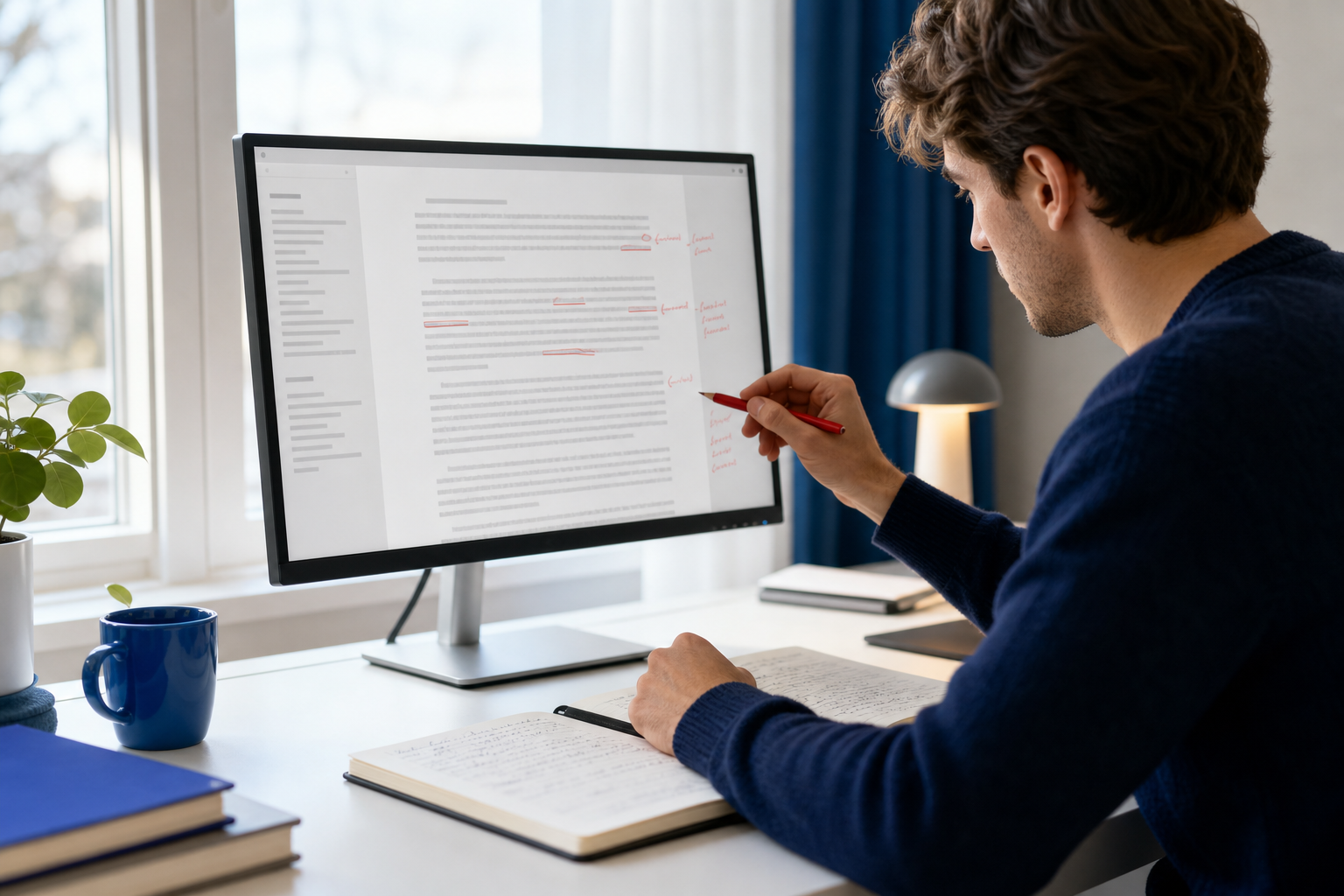 A founder at a bright desk reviewing an on-screen draft with a red pen and notes in the margin — clearly editing, not typing from scratch — conveying the editor-in-chief reframe.