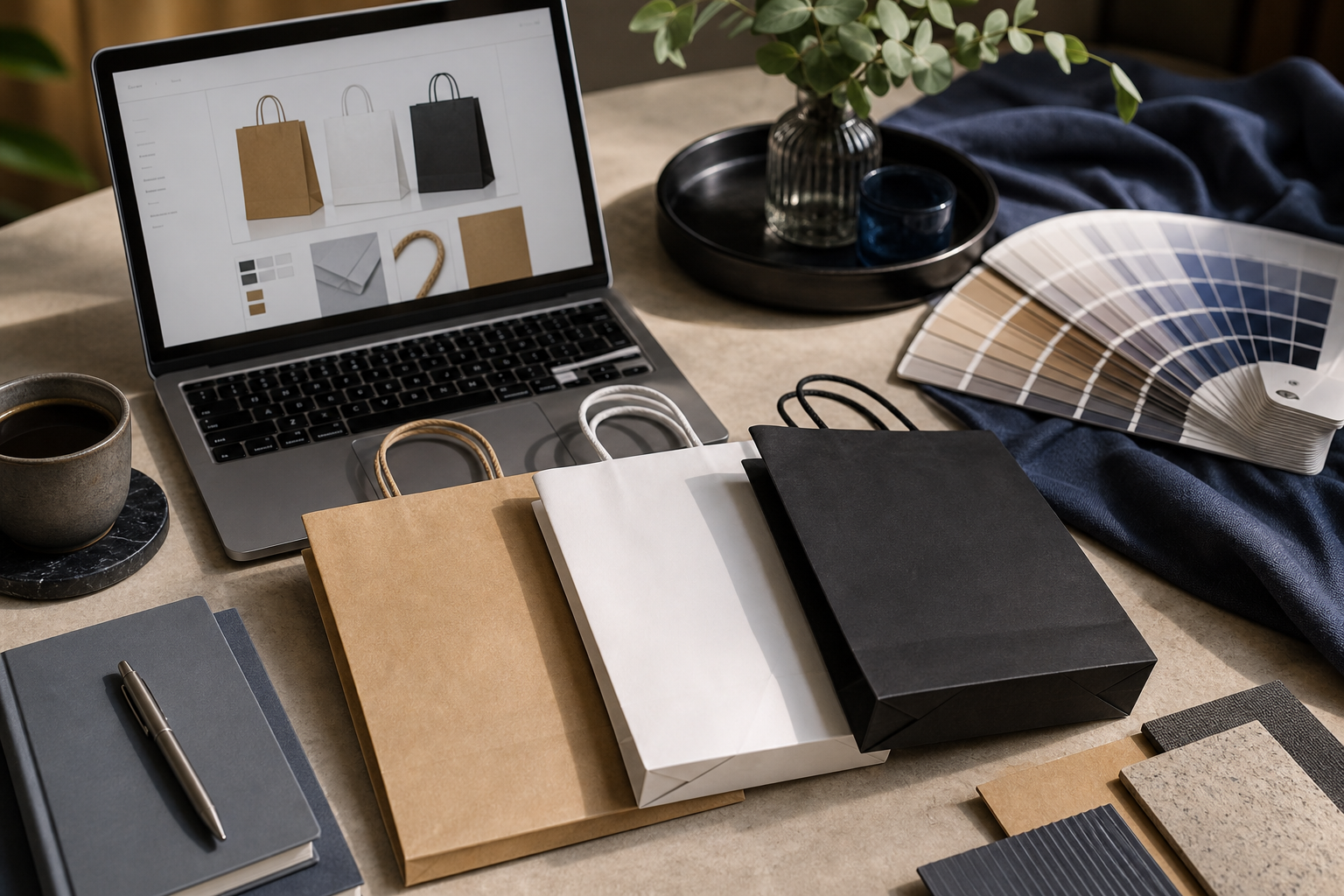 Üst düzey bir masaüstü sahnesi — açık bir laptopta tedarikçi teklif ekranı, yanında üç farklı dokuda karton çanta numunesi (kraft kahverengi, beyaz lamine kuşe, mat siyah lüks), bir renk kartelası (Pantone) ve kahve fincanı. Yukarıdan hafif açılı çek