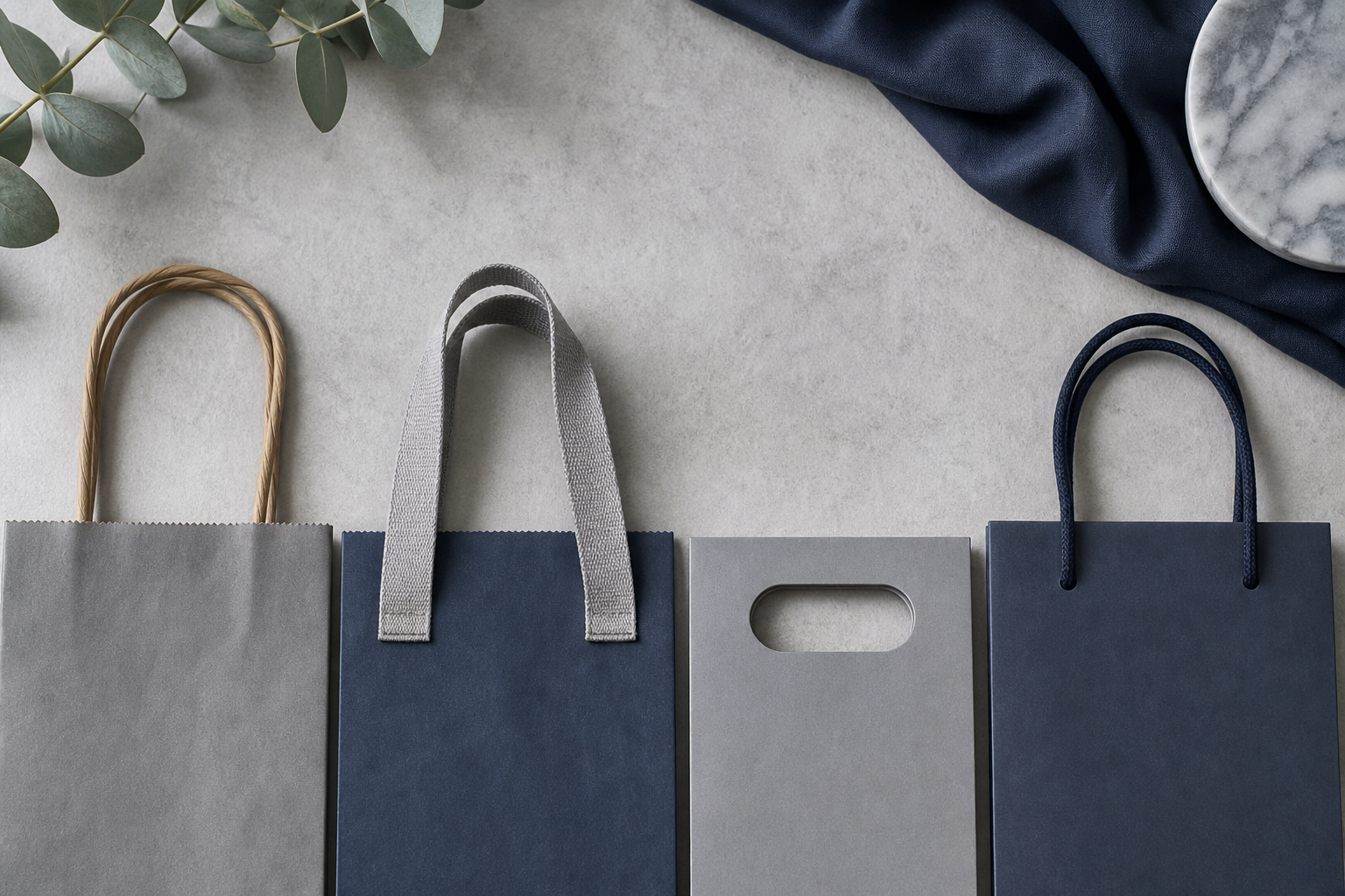 Düz zeminde yan yana dizilmiş dört sap tipi yakın çekim (burgu kağıt, grogren dokuma, die-cut kesme, PP/ipli) — sapların dokusu net görünecek şekilde tepeden flat-lay.