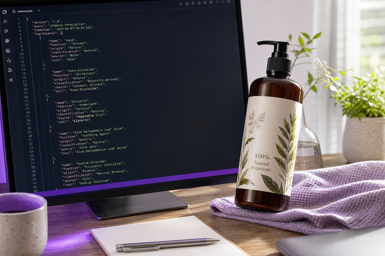 A developer's desktop split-screen — left side a code editor showing a JSON ingredient array, right side a shampoo bottle with a "100% Natural Botanicals" front label propped against the monitor. Overhead/slightly-angled desk shot, natural