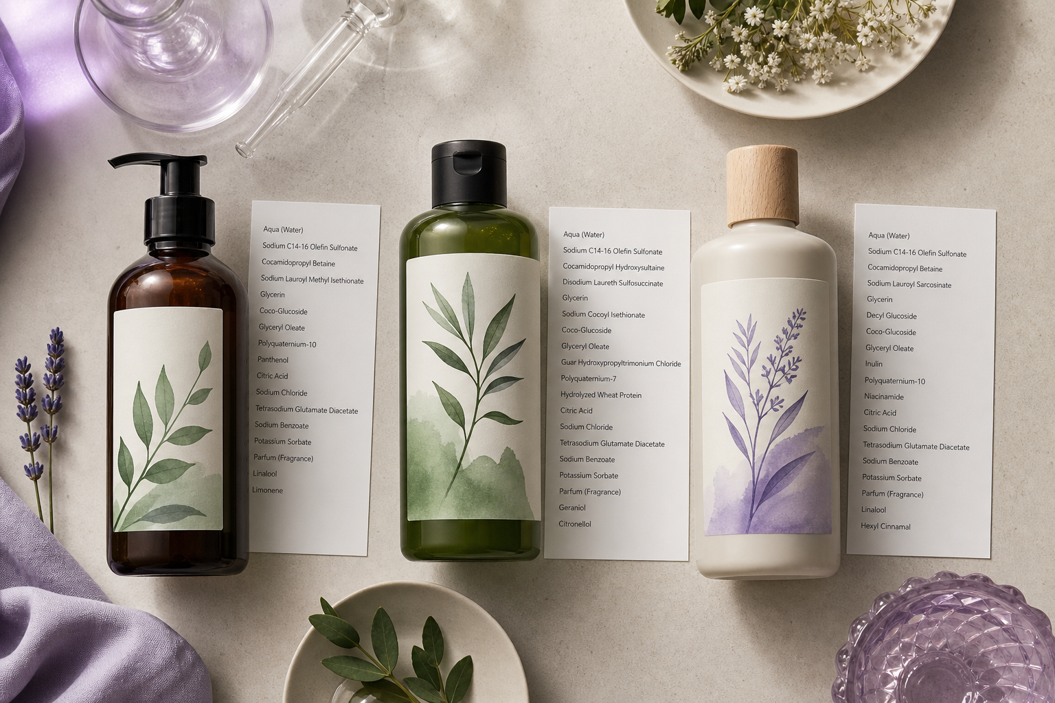 Flat-lay (directly overhead) of three shampoo bottles turned to show "natural"/"botanical"/"plant-powered" front-label claims, each with a printed INCI panel slip placed beside it showing the actual chemical-sounding ing