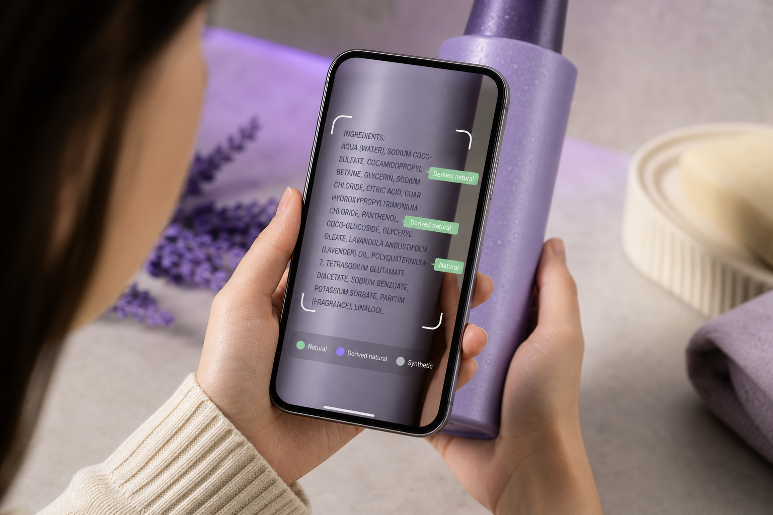 A smartphone held in-hand showing an ingredient-scanner app screen — camera has captured a shampoo INCI panel and the UI overlays a per-ingredient "Natural / Derived natural / Synthetic" tag on three of the visible ingredients. Close, over-