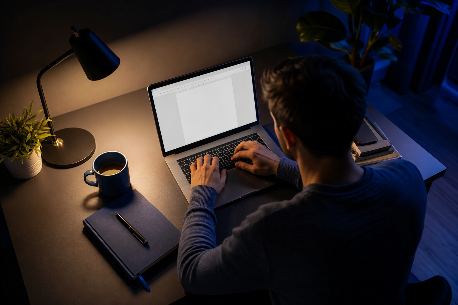 Toma cenital de una persona en un escritorio tenuemente iluminado por la noche, con el portátil abierto en un documento en blanco, una taza de café y un cuaderno al lado, suave resplandor de la pantalla, transmitiendo la presión de una fecha límite nocturna.