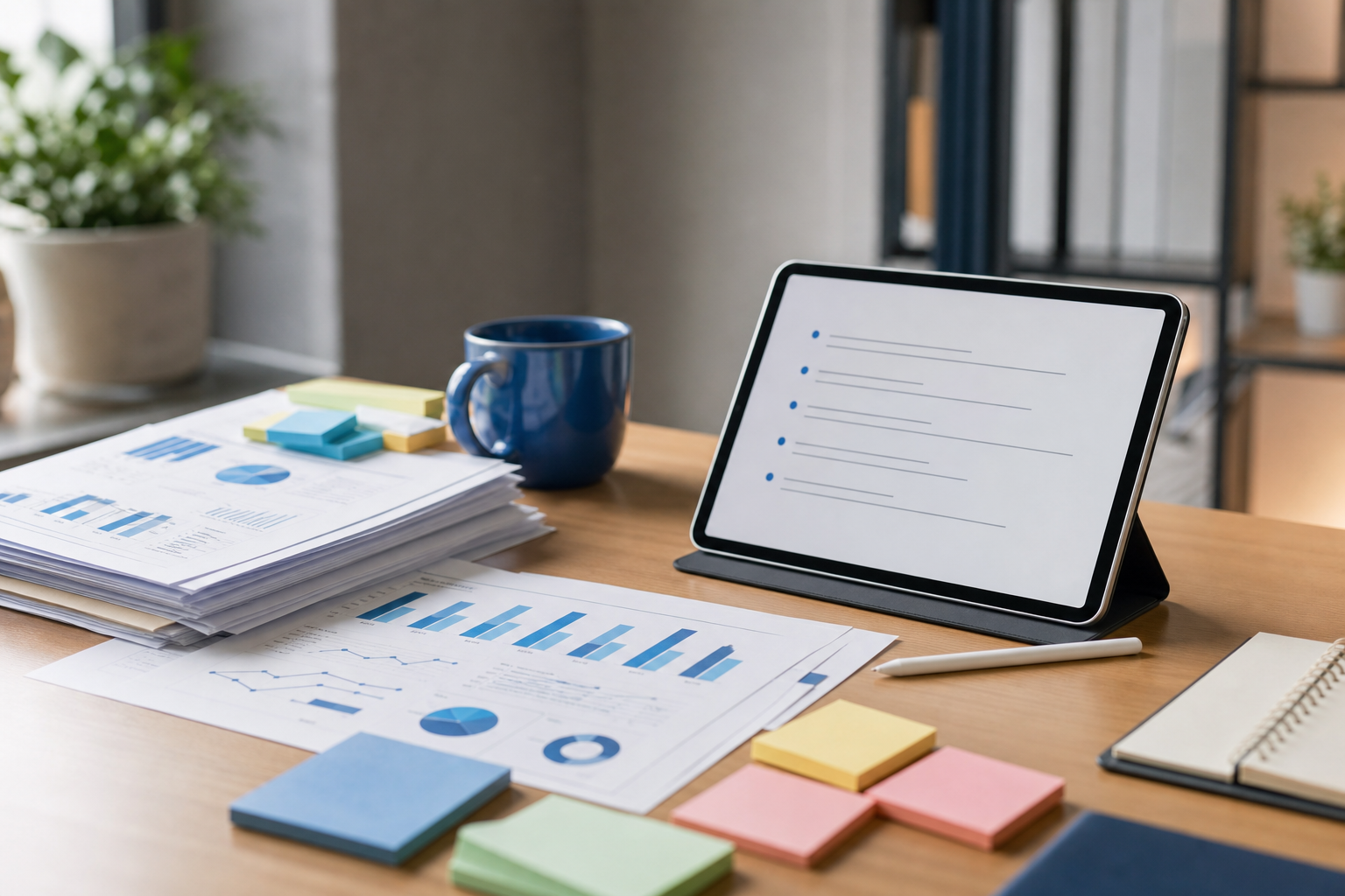 Un escritorio ordenado mostrando materiales de origen organizados: hojas de datos impresas, notas adhesivas con códigos de color y una tableta mostrando un esquema con viñetas, transmitiendo la preparación antes de redactar.