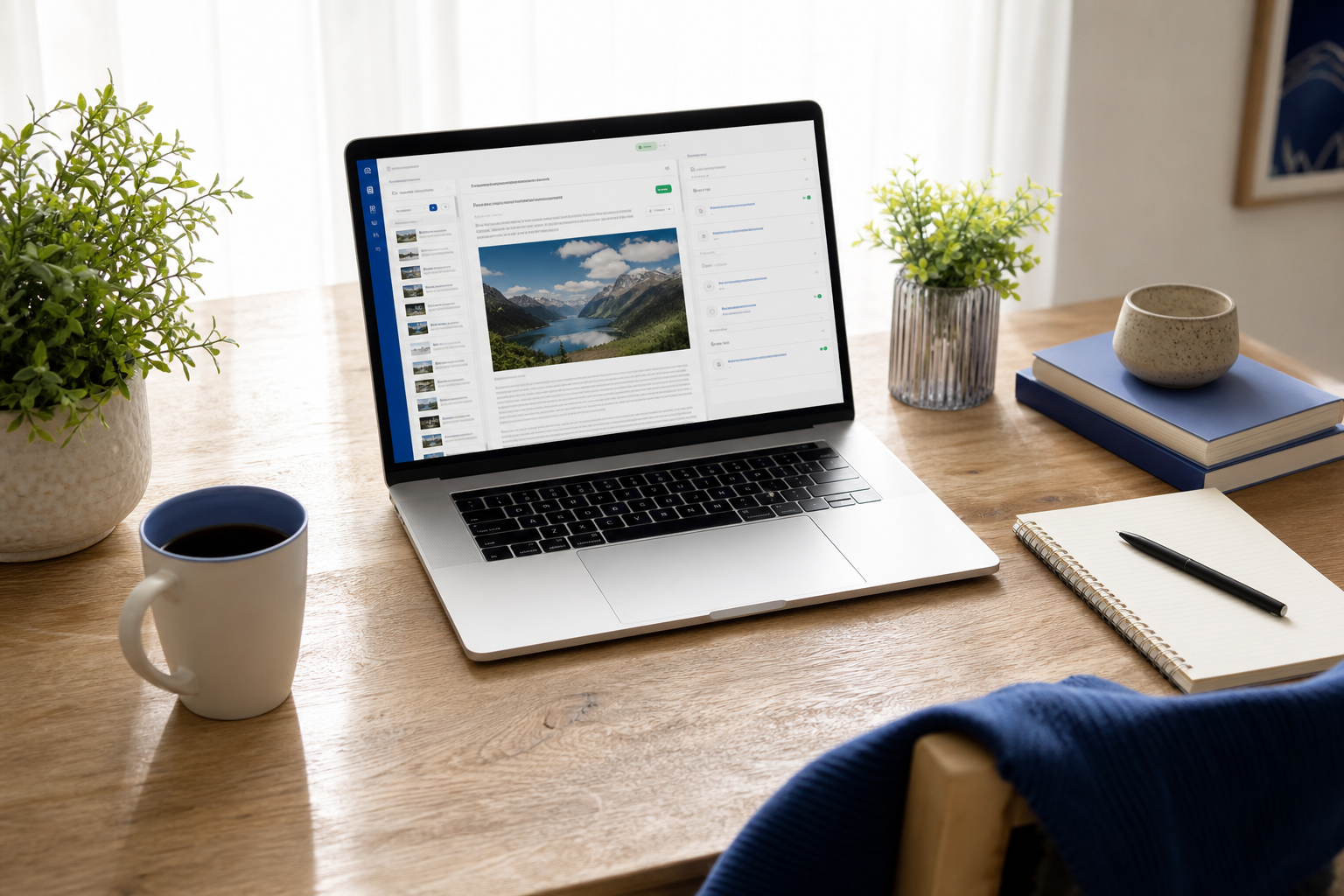 Foto de uma mesa de home office limpa e iluminada em um ângulo levemente superior — laptop aberto mostrando um painel de conteúdo com um post de blog publicado visível, uma xícara de café, um caderno ao lado. Clima de "funciona enquanto eu trabalho", sem intervenção. Luz natural do dia.