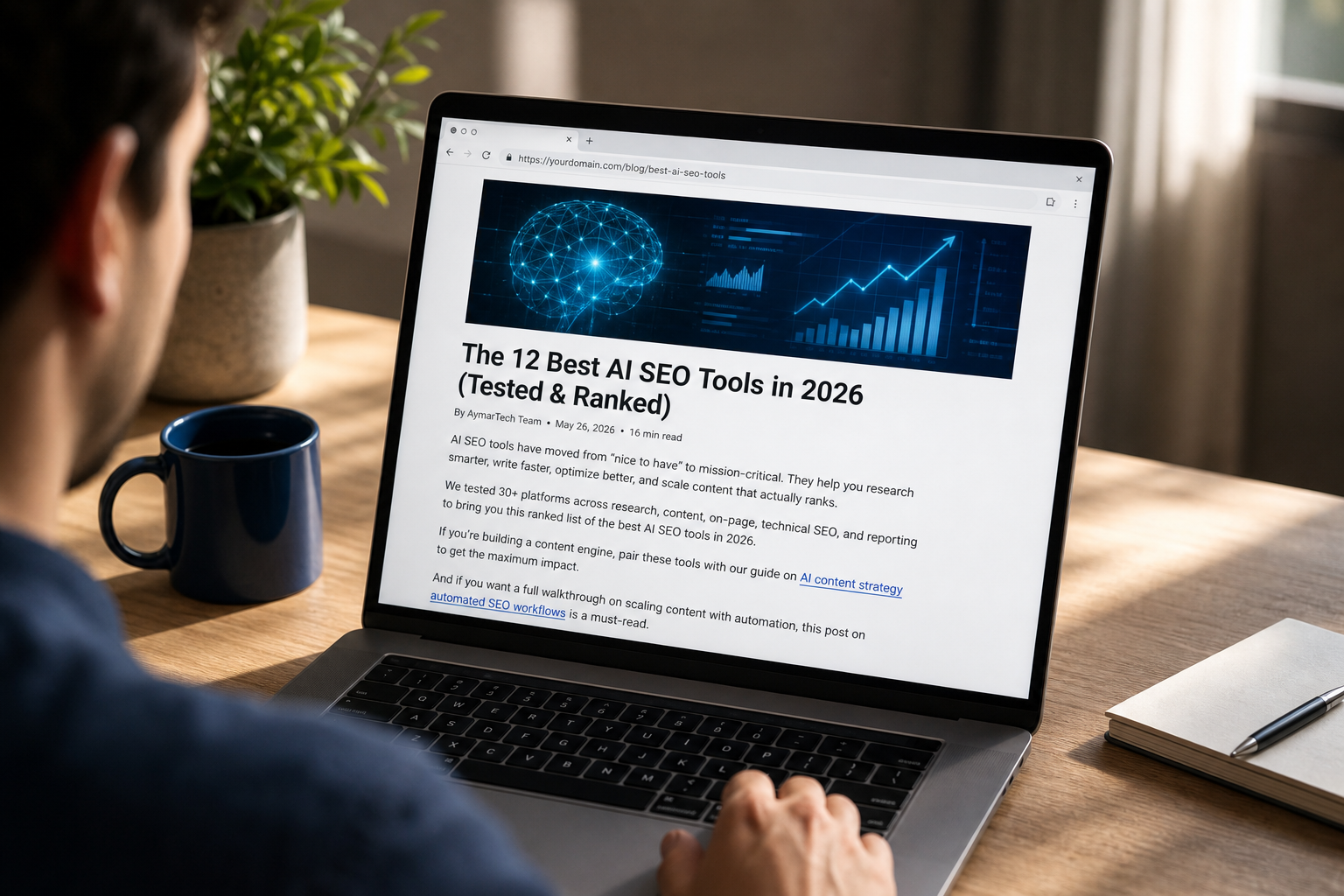 Visão por cima do ombro de uma tela de laptop mostrando um artigo de blog recém-publicado ao vivo em um site — assinatura visível, uma imagem de cabeçalho alinhada à marca e alguns links internos destacados no texto, sublinhados no corpo. Barra de endereço do navegador visível para