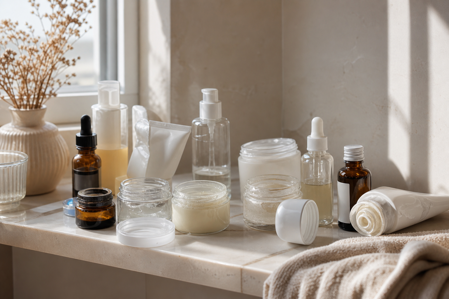 A real, non-airbrushed flat-lay of a cluttered bathroom shelf — multiple half-used skincare bottles, jars without lids, a couple tipped over, soft natural morning light from a side window. Slightly imperfect, relatable, not a glossy product ad.