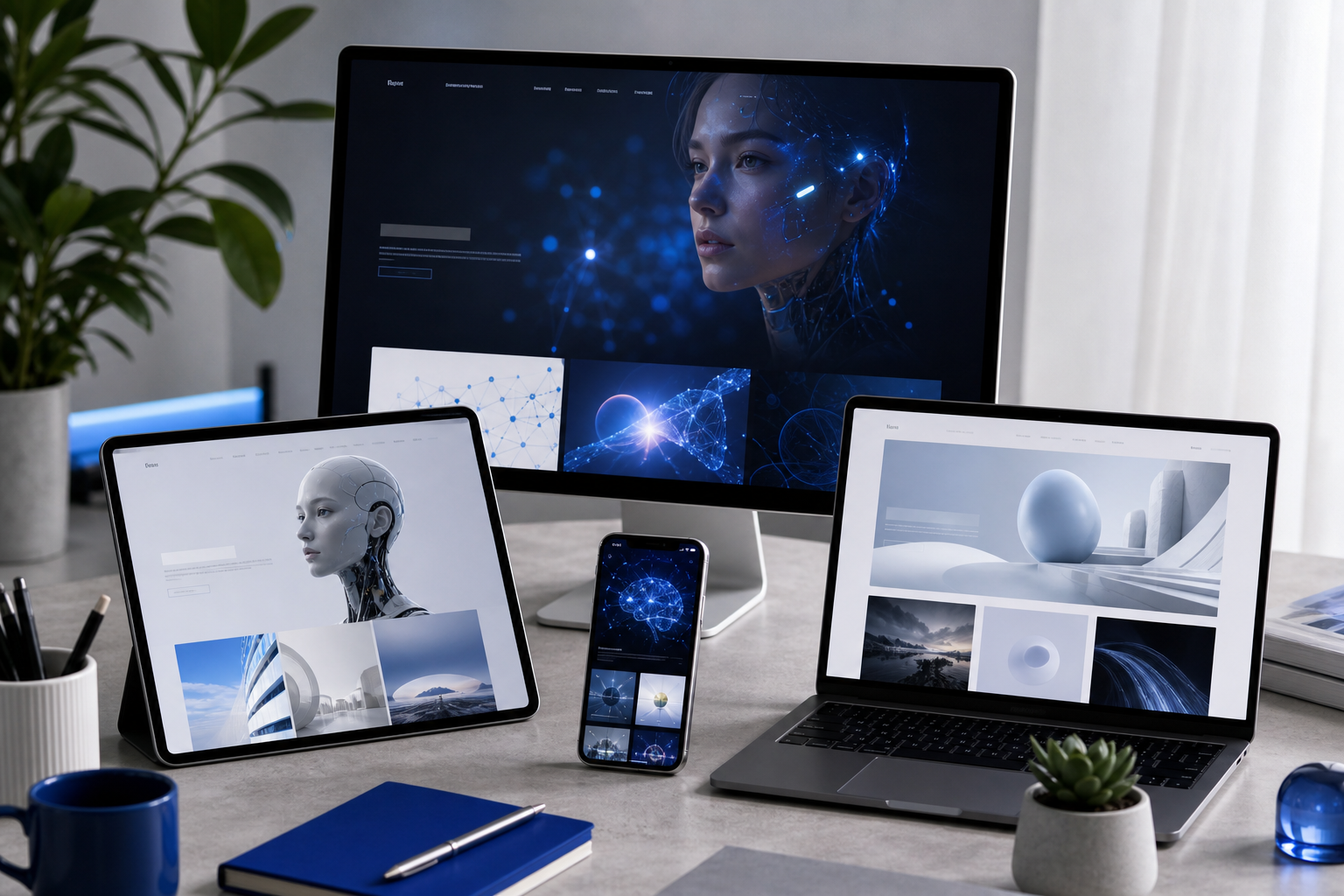 Moderne KI-gebaute Websites, dargestellt auf Desktop- und mobilen Geräten. Flat-Lay-Collage mehrerer moderner Website-Bildschirme über einen Desktop-Monitor, Laptop und ein Telefon – sauberes Studio-Licht, leicht von oben aufgenommen, Bildschirme zeigen ein kräftiges Homepage-Layout