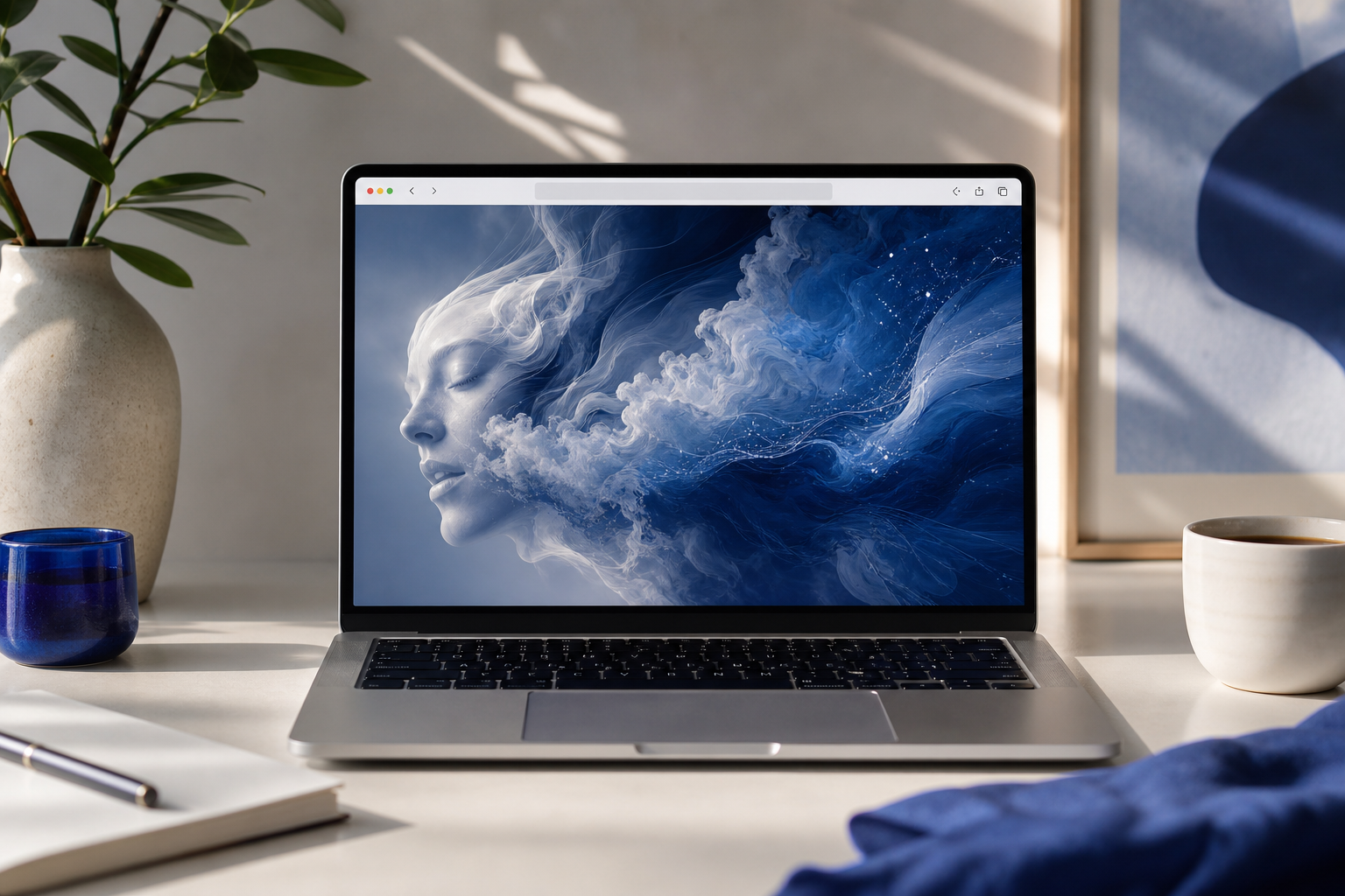 Gestaltetes Browser-Rahmen-Mockup einer designorientierten Portfolio-Site – kräftiges generiertes Hero-Visual, vor einem sauberen Schreibtisch-Hintergrund.