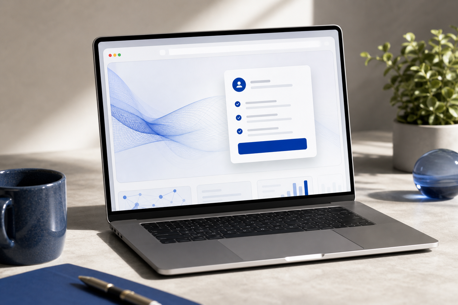 Gestaltetes Browser-Rahmen-Mockup einer SaaS-Landingpage mit einem personalisierten CTA-Block, Laptop-Bildschirmwinkel.