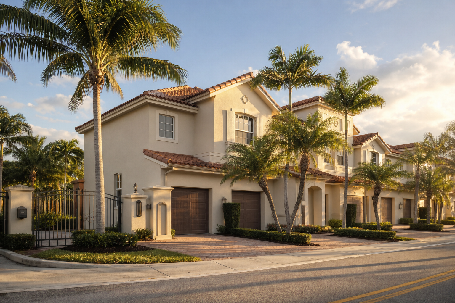 Wide hero shot of a palm-lined Boca Raton townhome community at golden hour — two-story attached units with terracotta roofs, paver driveways, a gated entry visible in frame. Shot at a slight upward angle from the street.