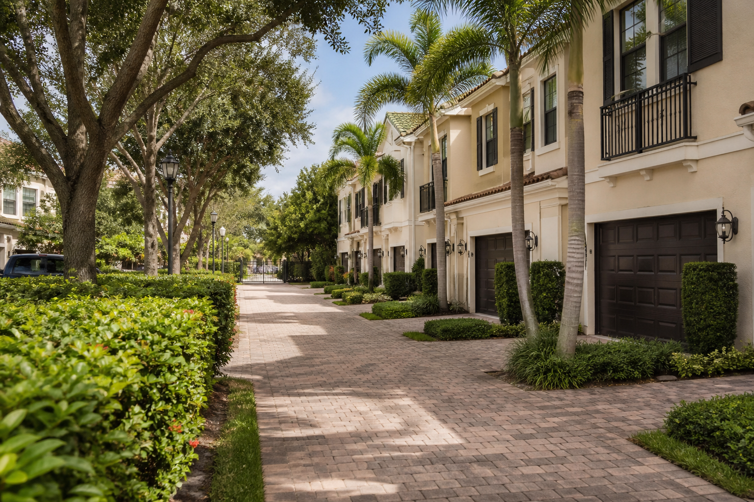 Streetscape of a representative West Boca townhome community — paver walkway, mature landscaping, attached two-car garages, a community pool gate visible in the background.