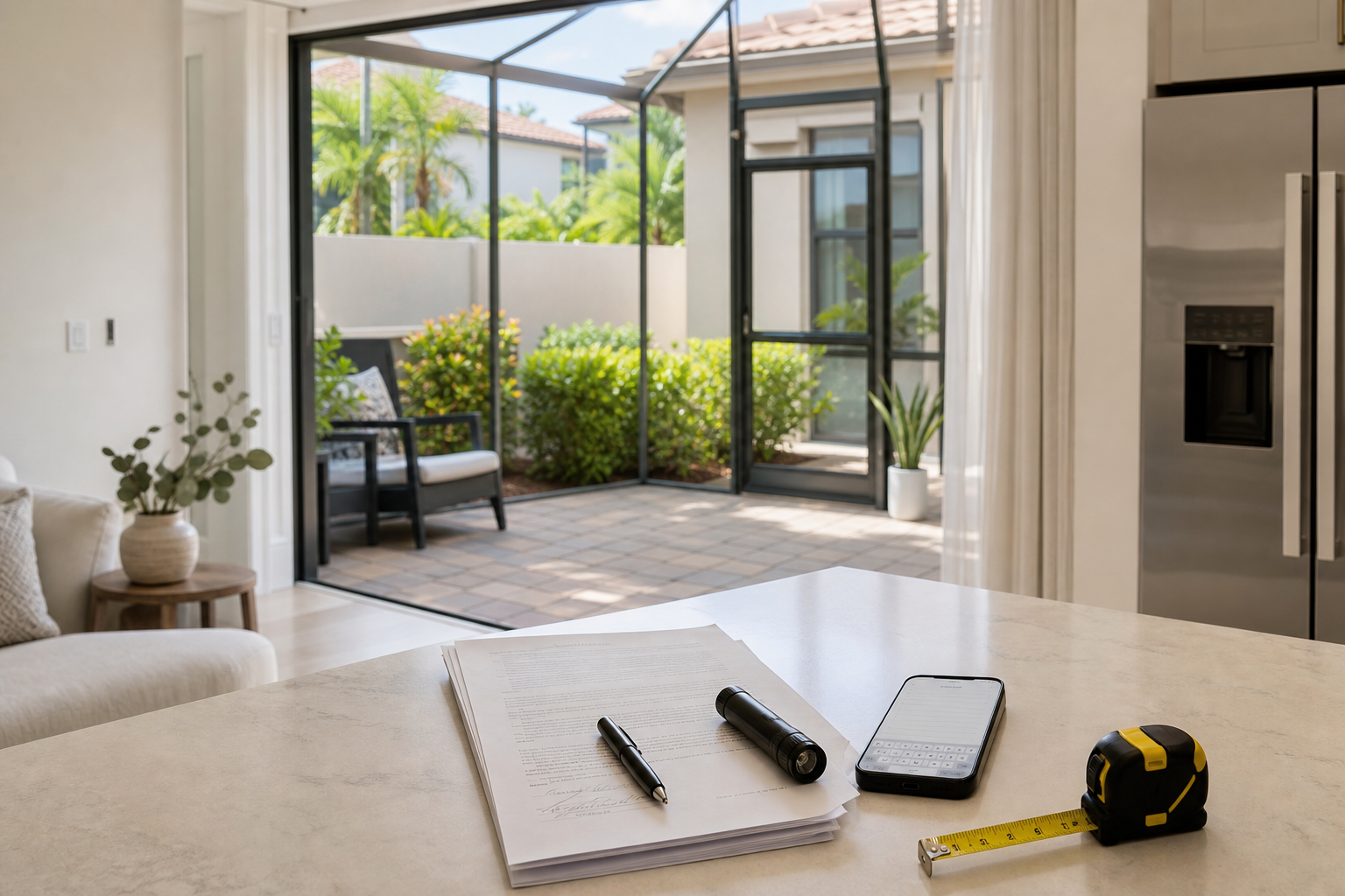 Close interior detail of a Boca townhome screened patio/lanai opening onto a paver courtyard, with inspection essentials — signed lease pages, flashlight, phone notes app, tape measure — on the kitchen counter in the foreground.