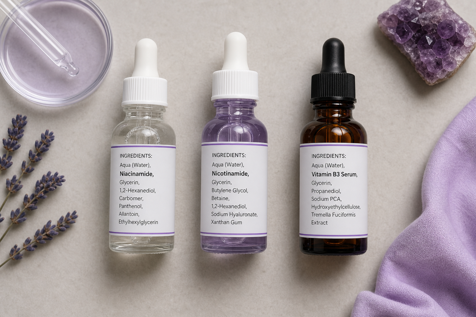 Flat-lay shot from directly overhead of three skincare serum bottles arranged in a row on a neutral matte surface, each with a visible ingredient label — one reading "Niacinamide," one "Nicotinamide," one "Vitamin B3 Serum&qu