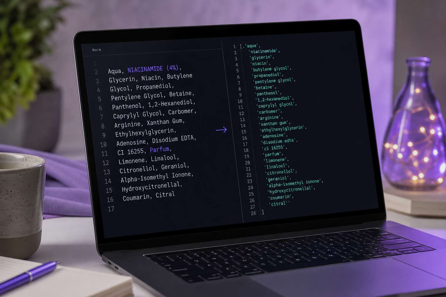 Close-up of a code editor showing a messy raw INCI string on the left ("Aqua, NIACINAMIDE (4%), Glycerin, Niacin...") transforming into a clean lowercased token array on the right, syntax-highlighted dark theme.