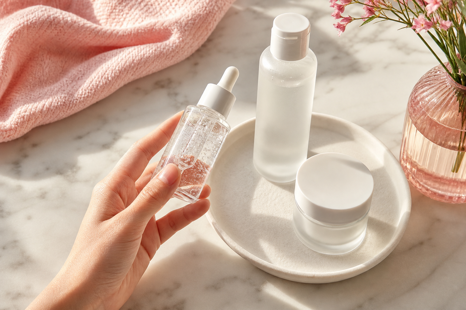 A clean, bright flat-lay on a neutral marble or pale surface — three or four niacinamide skincare products (a clear serum bottle, a frosted toner, a moisturizer jar) clustered together, one hand holding the serum bottle up to read the label, soft nat
