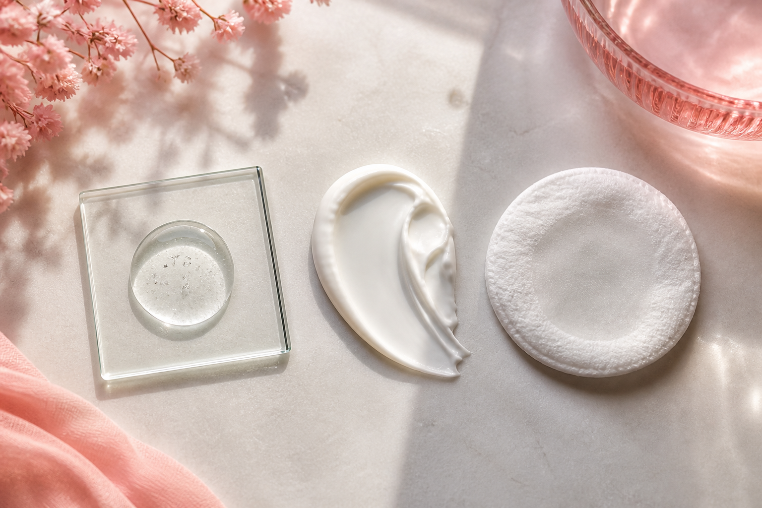 Flat-lay showing format diversity — a thin watery serum drop on glass, a thick moisturizer swatch, and a toner-soaked cotton pad side by side, demonstrating how niacinamide appears across textures for different skin-type needs.