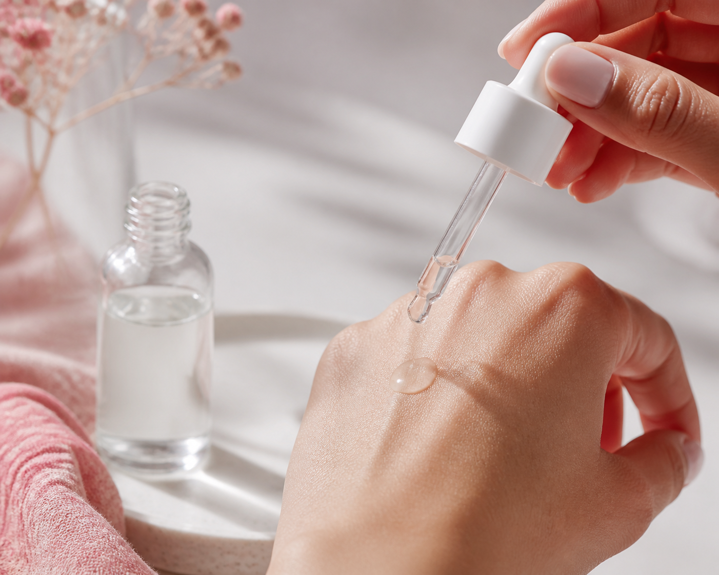 Clean product shot — a niacinamide serum being dispensed from a dropper onto the back of a hand, neutral background, soft daylight, showing the thin clear texture.