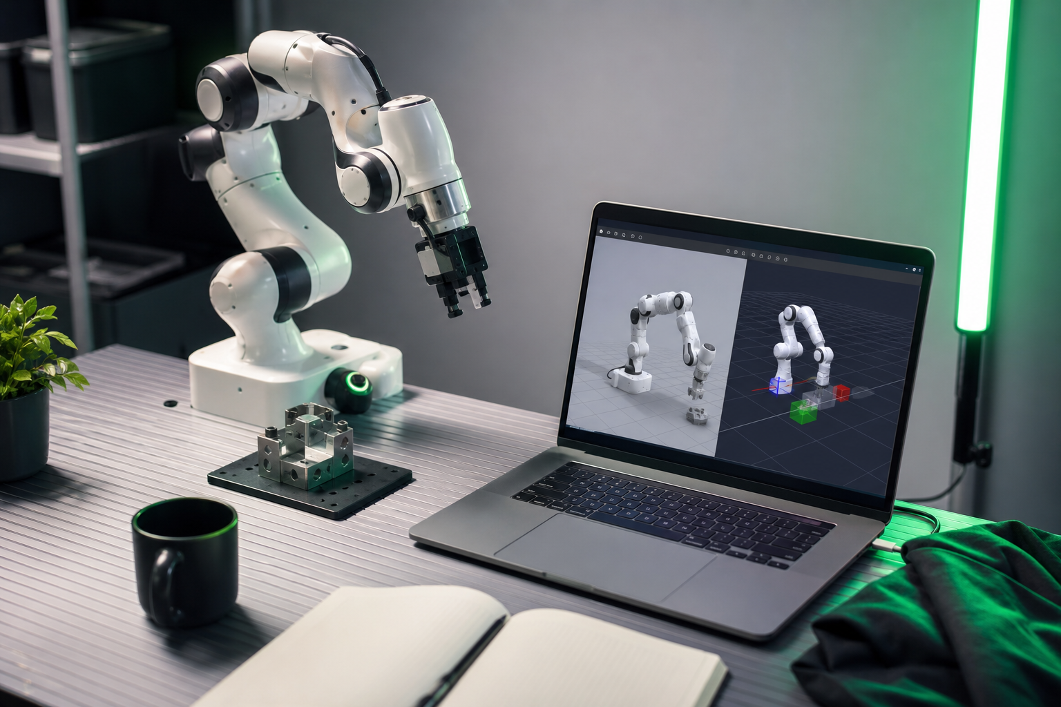A modern 6-axis industrial robotic arm (UR-style cobot or Franka Panda) on a workbench beside a laptop screen showing a ROS 2 / Gazebo simulation of the same arm — split real-vs-simulated framing, slight overhead angle, clean lab lighting.