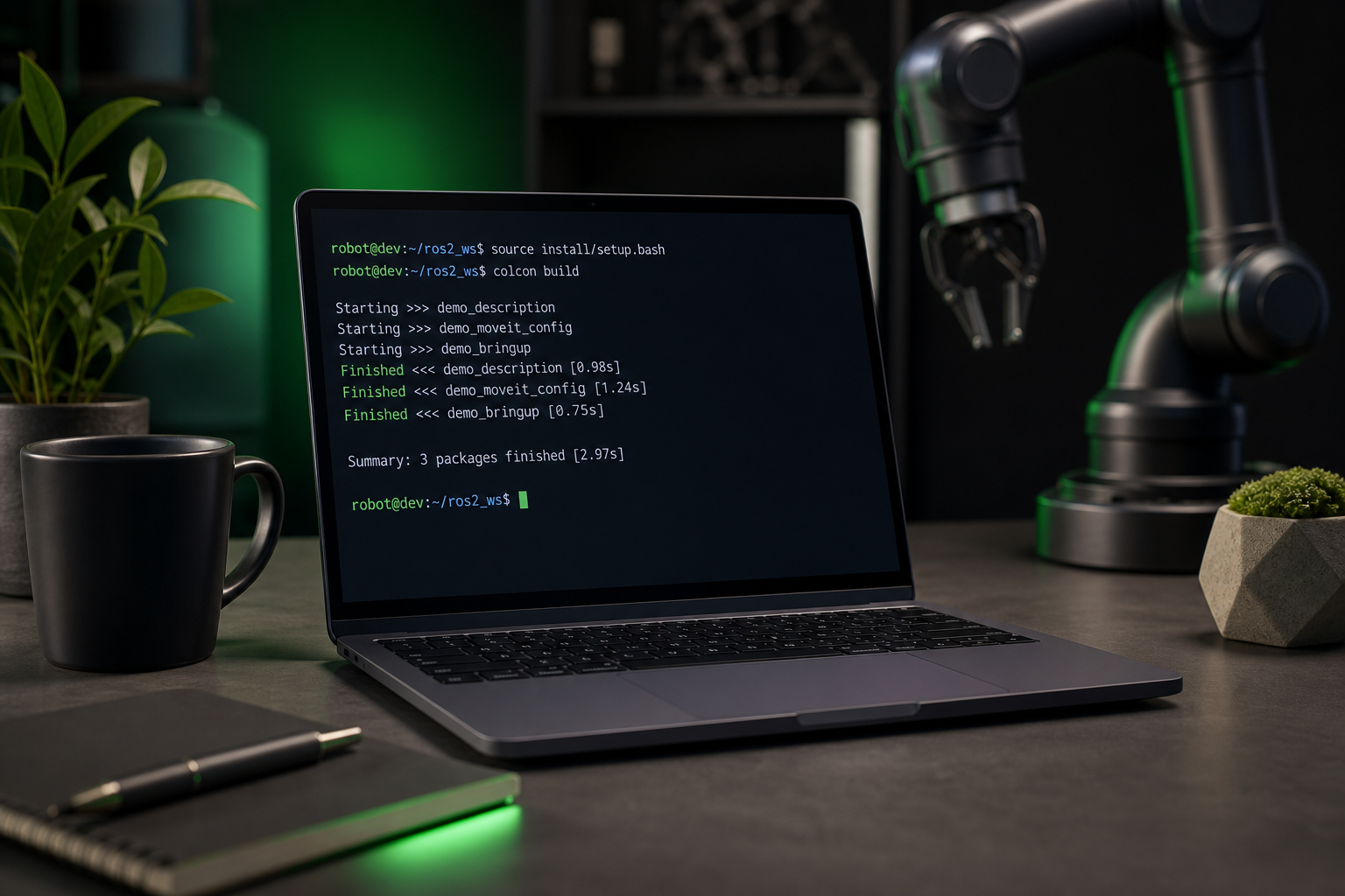 Terminal showing a sourced ROS 2 workspace with colcon build completing successfully — green "Finished" output and a sourced setup.bash prompt visible.