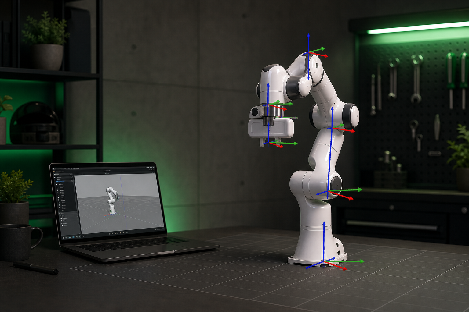 Franka Panda spawned and standing in a Gazebo world with TF frames overlaid, arm in its default ready pose.