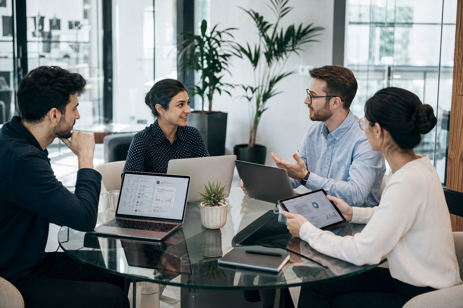 A modern collaborative workspace — a small team gathered around a glass table, two laptops and a tablet open showing dashboards and shared documents, natural light, mid-discussion. Wide angle, anchoring hero image.