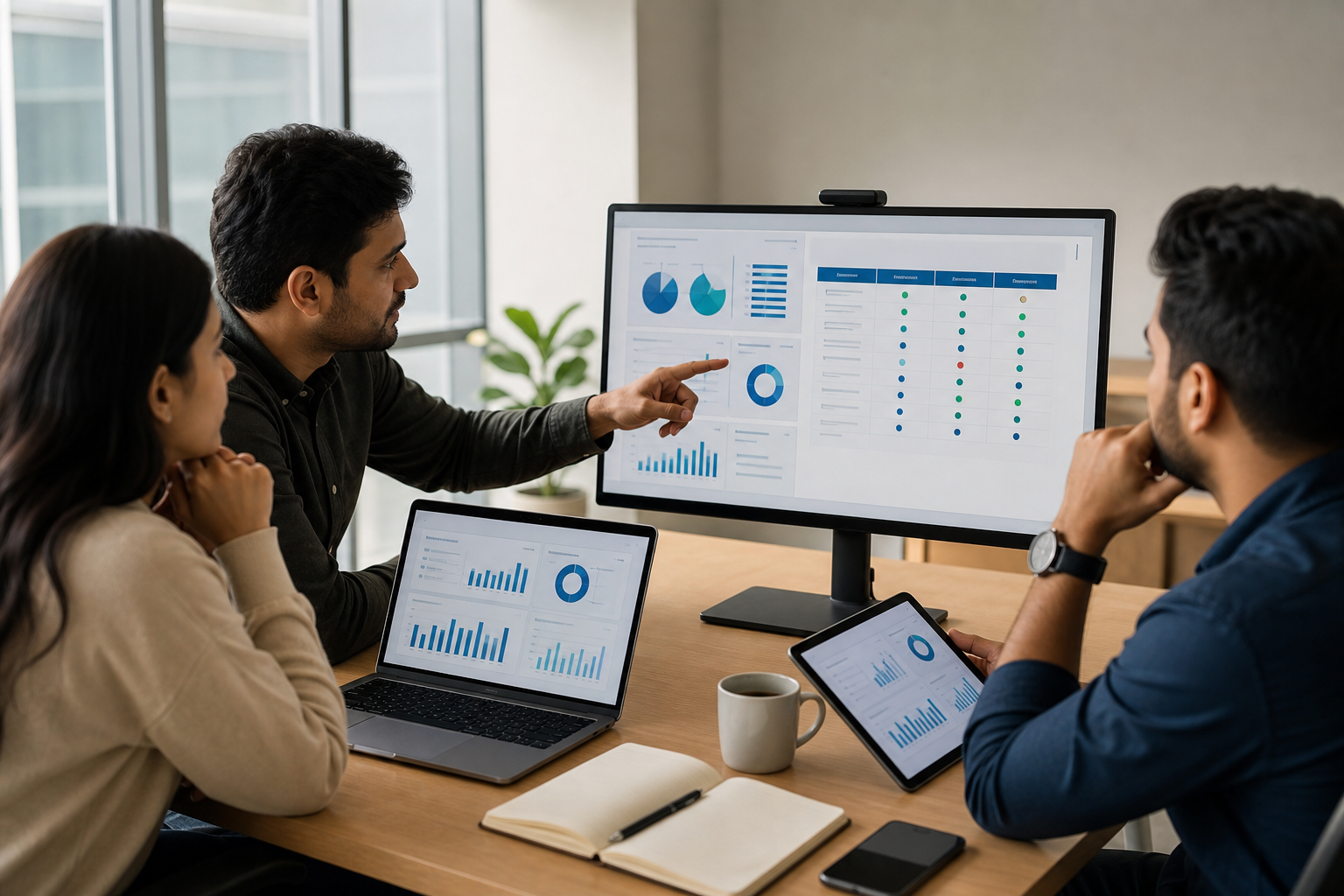 A team reviewing software dashboards across multiple devices — a laptop, large monitor, and tablet — in a modern office, one person pointing at a comparison screen. Grounds the abstract criteria in a real evaluation scenario.