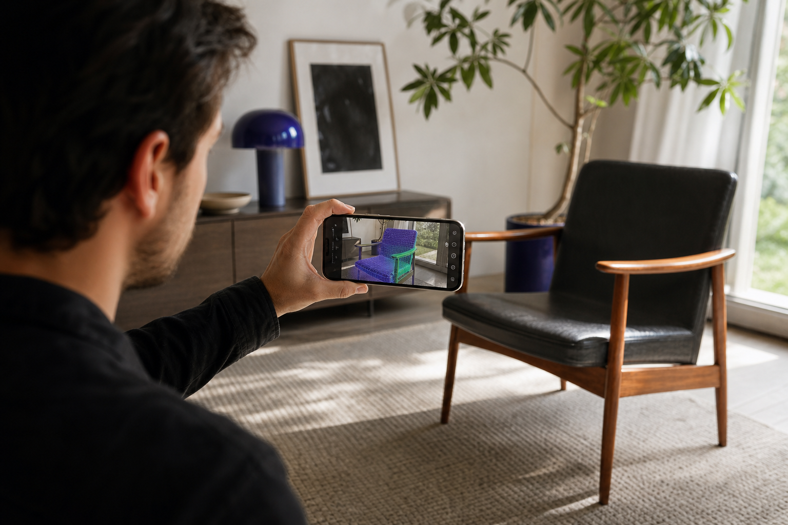 A person holding an iPhone Pro at arm's length scanning a mid-century chair in a sunlit living room, phone screen visible showing a live colored mesh overlay forming over the real object.