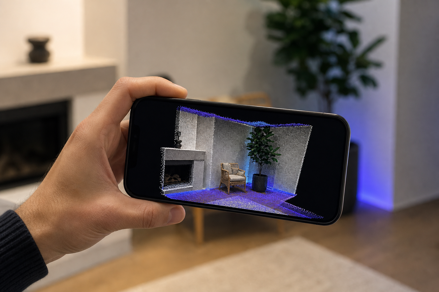 Close-up of an iPhone screen mid-scan showing a dense colored point cloud / mesh of an interior corner, with the real room slightly out of focus behind it.