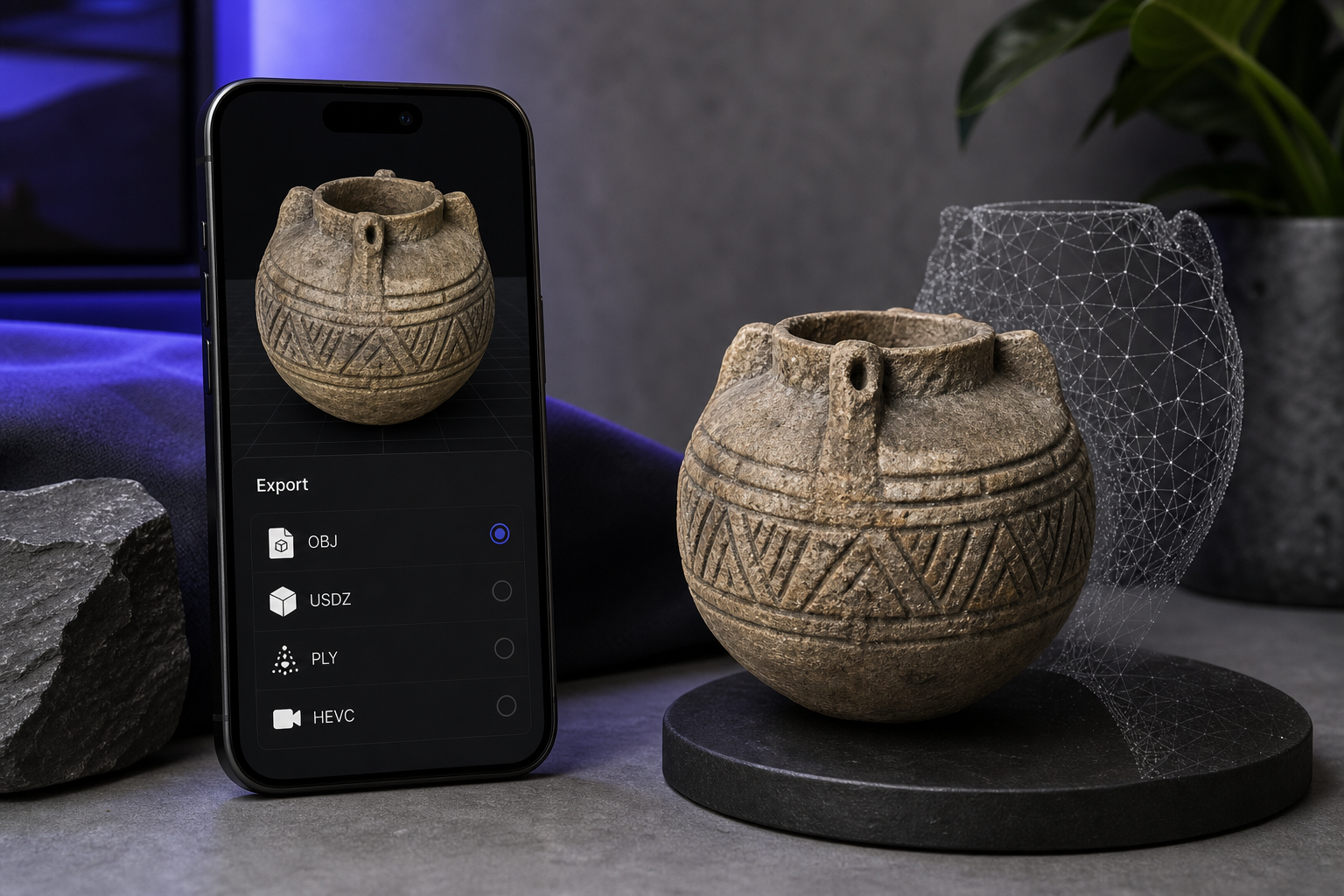 Flat-lay / screenshot composite of a Voxelio export screen showing format options (OBJ, USDZ, PLY, HEVC) beside a rendered textured 3D model of a scanned object.