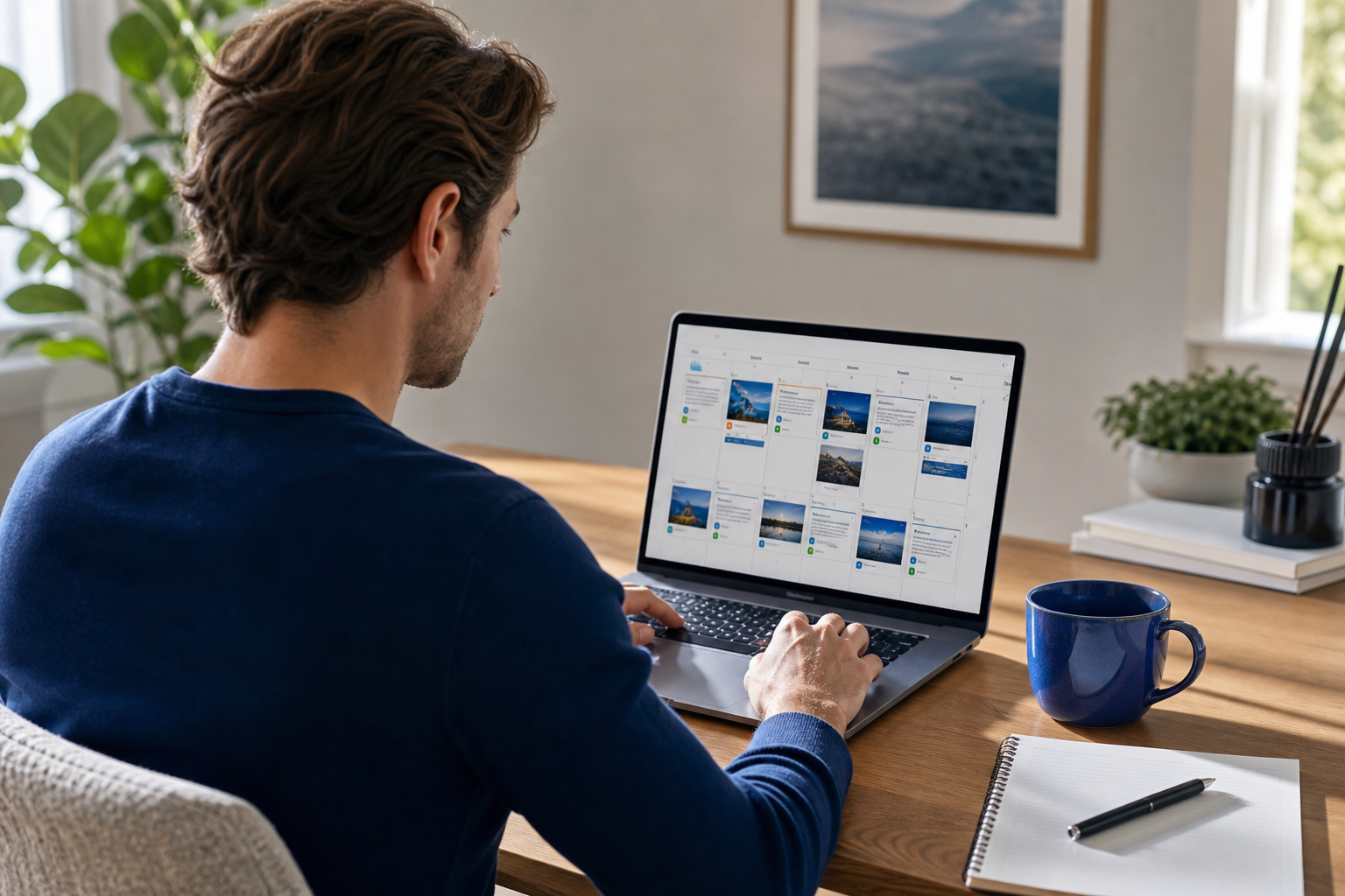 A founder at a laptop in a small home office, mid-morning light, looking at a content calendar on screen with multiple scheduled posts visible. Over-the-shoulder angle. Conveys solo operator managing publishing volume, not a corporate team.