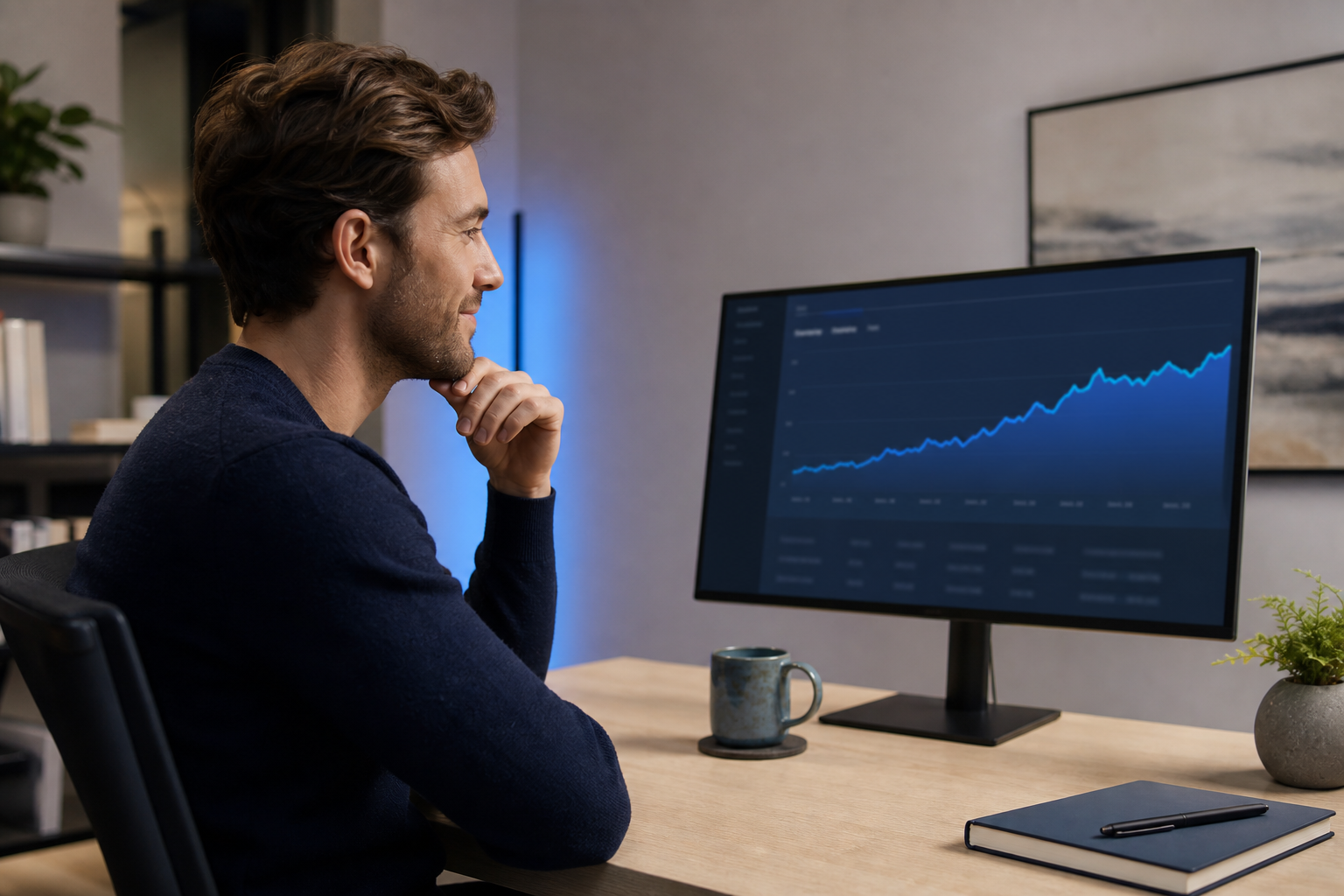Founder reviewing an analytics dashboard on a monitor showing a rising organic-traffic line chart over several months. Side angle, slight smile, coffee cup nearby. Humanizes the payoff of compounding content.