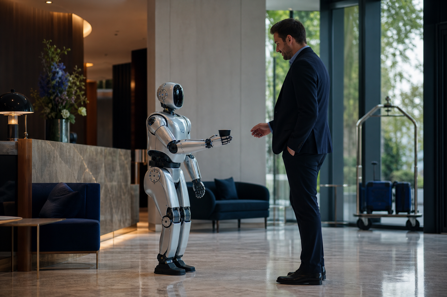 A humanoid or quadruped robot operating in a human-occupied indoor space — a hotel lobby or modern office lobby, mid-interaction with a standing person, eye-level angle, natural daylight. Robot in soft focus motion, human in frame for scale.